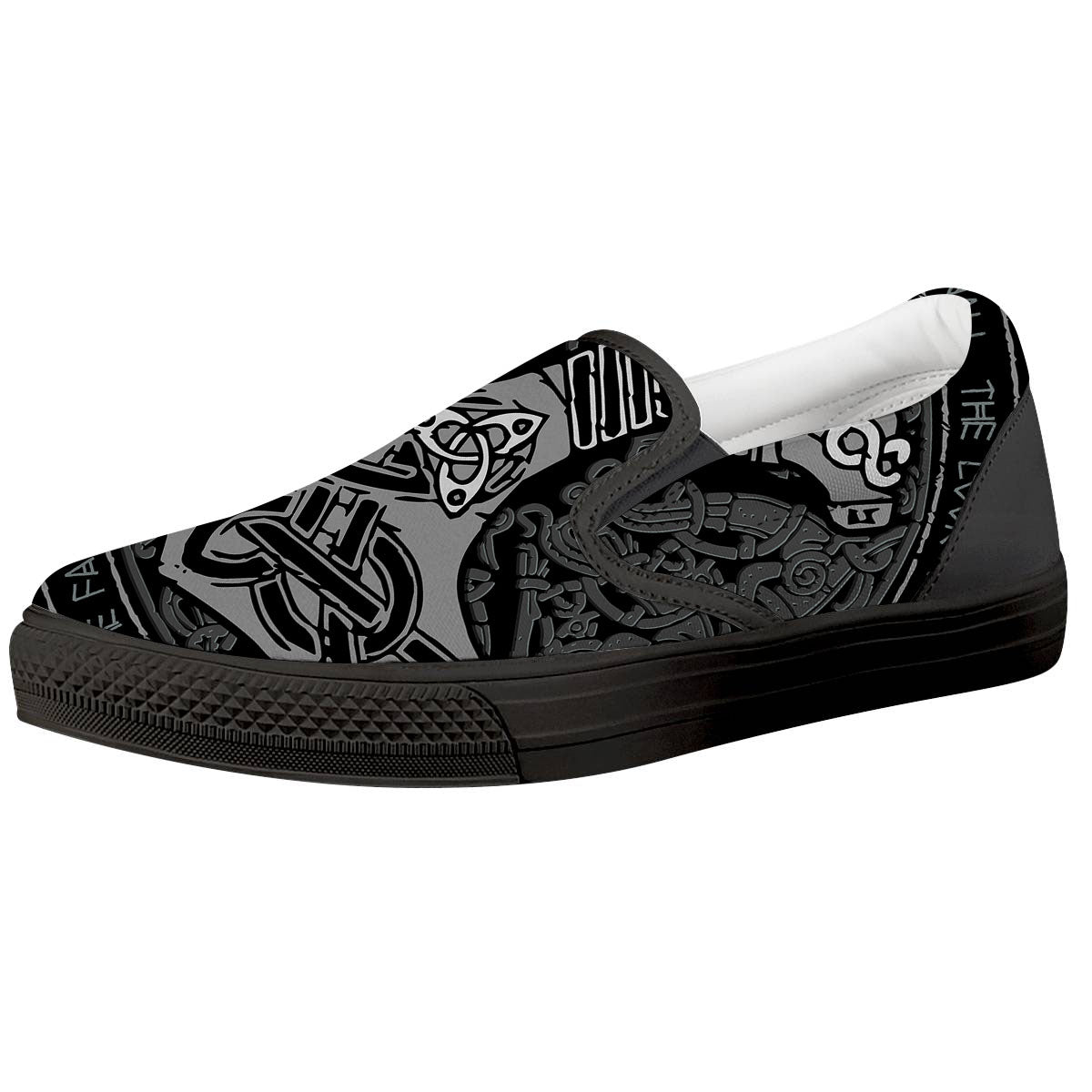 Runes Scandinavian And Mjolnir Print Black Slip On Shoes-grizzshop