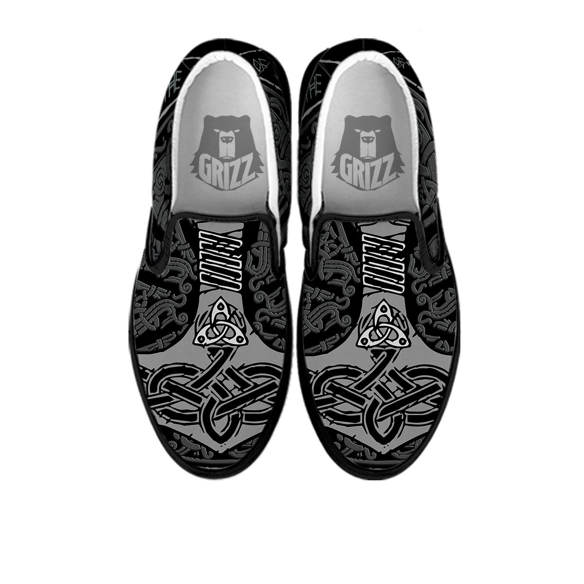 Runes Scandinavian And Mjolnir Print Black Slip On Shoes-grizzshop