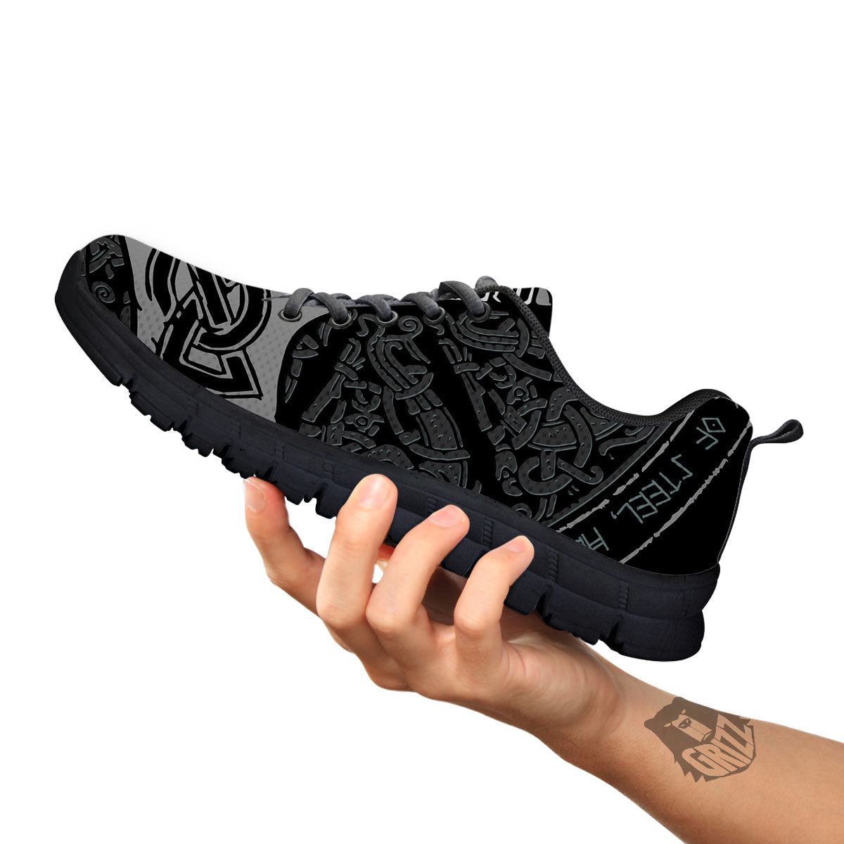 Runes Scandinavian And Mjolnir Print Black Sneaker-grizzshop