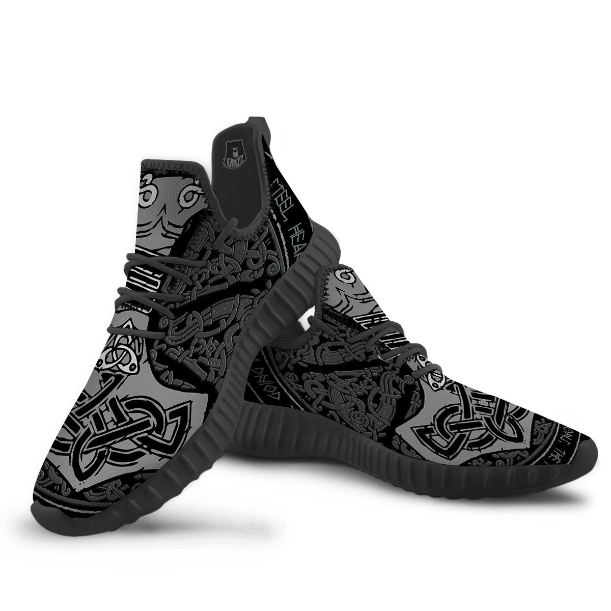 Runes Scandinavian And Mjolnir Print Black Walking Shoes-grizzshop