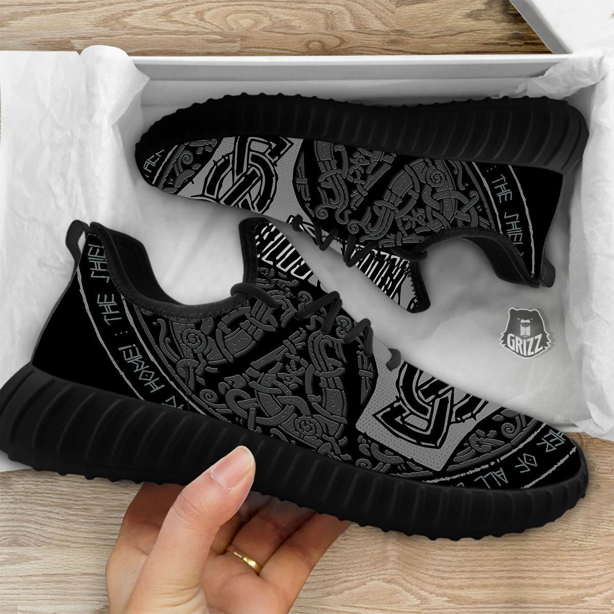 Runes Scandinavian And Mjolnir Print Black Walking Shoes-grizzshop