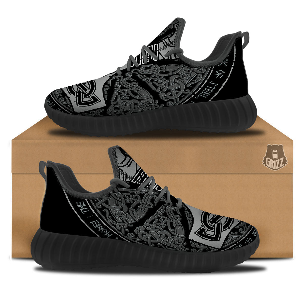 Runes Scandinavian And Mjolnir Print Black Walking Shoes-grizzshop