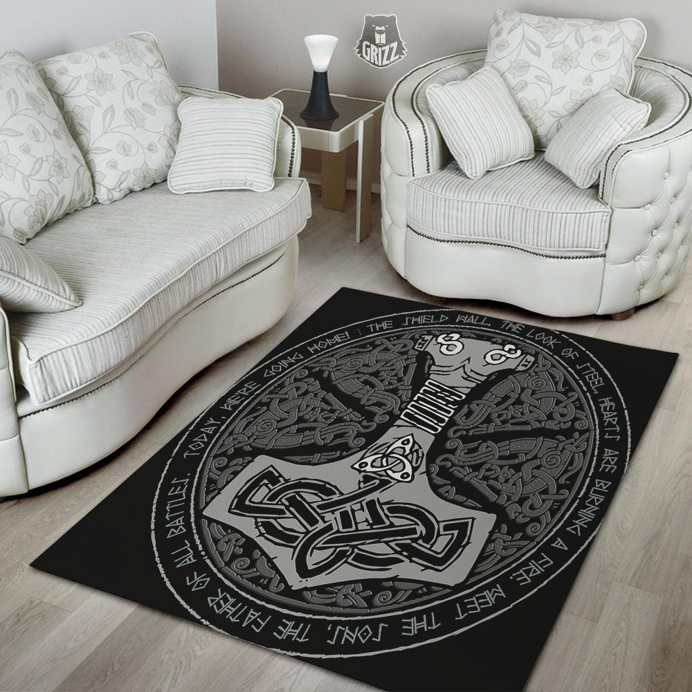 Runes Scandinavian And Mjolnir Print Floor Mat-grizzshop