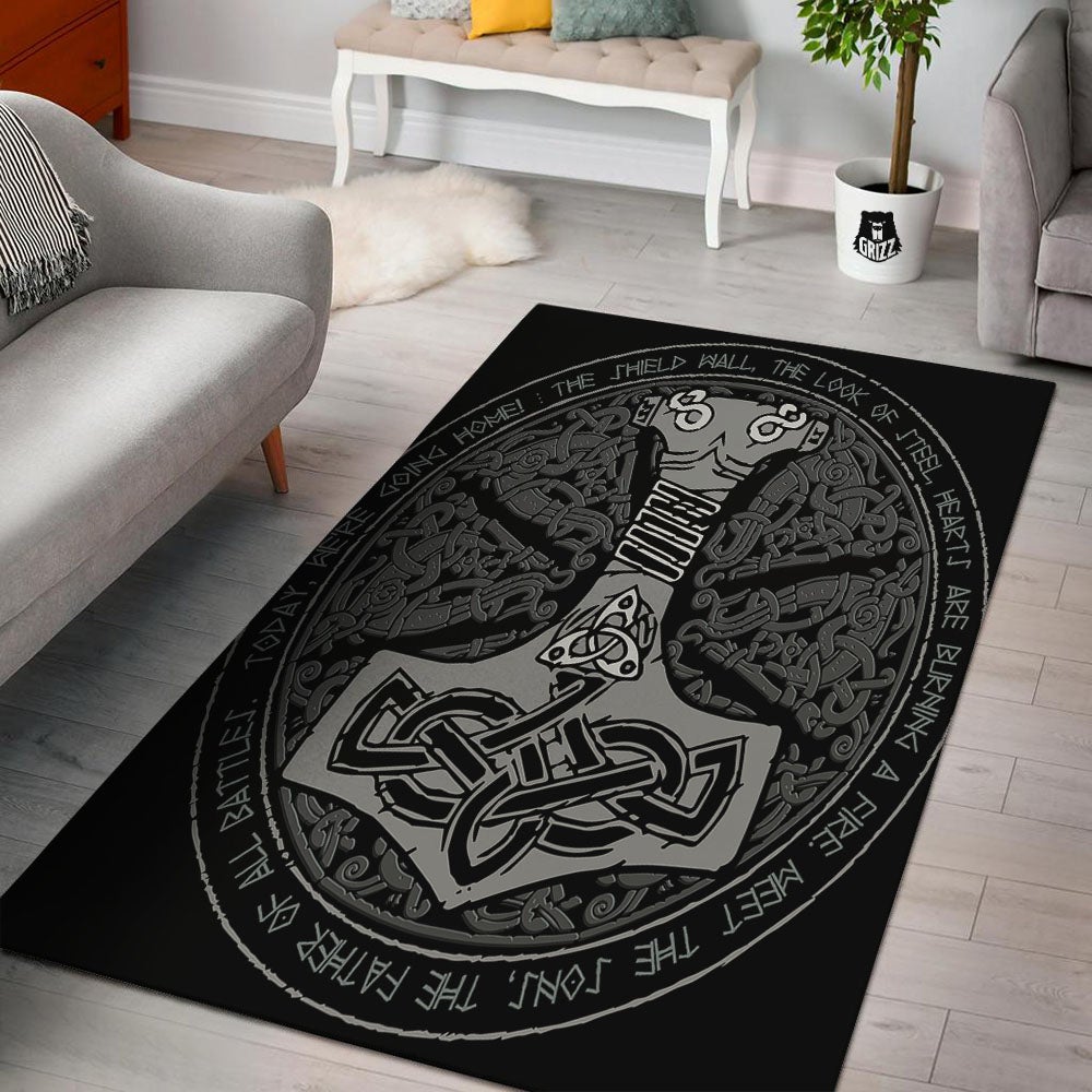 Runes Scandinavian And Mjolnir Print Floor Mat-grizzshop