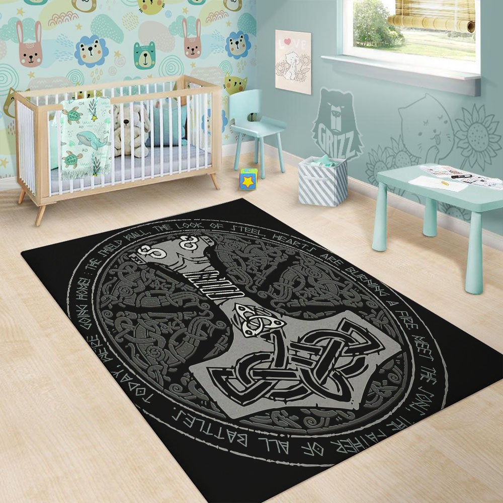 Runes Scandinavian And Mjolnir Print Floor Mat-grizzshop