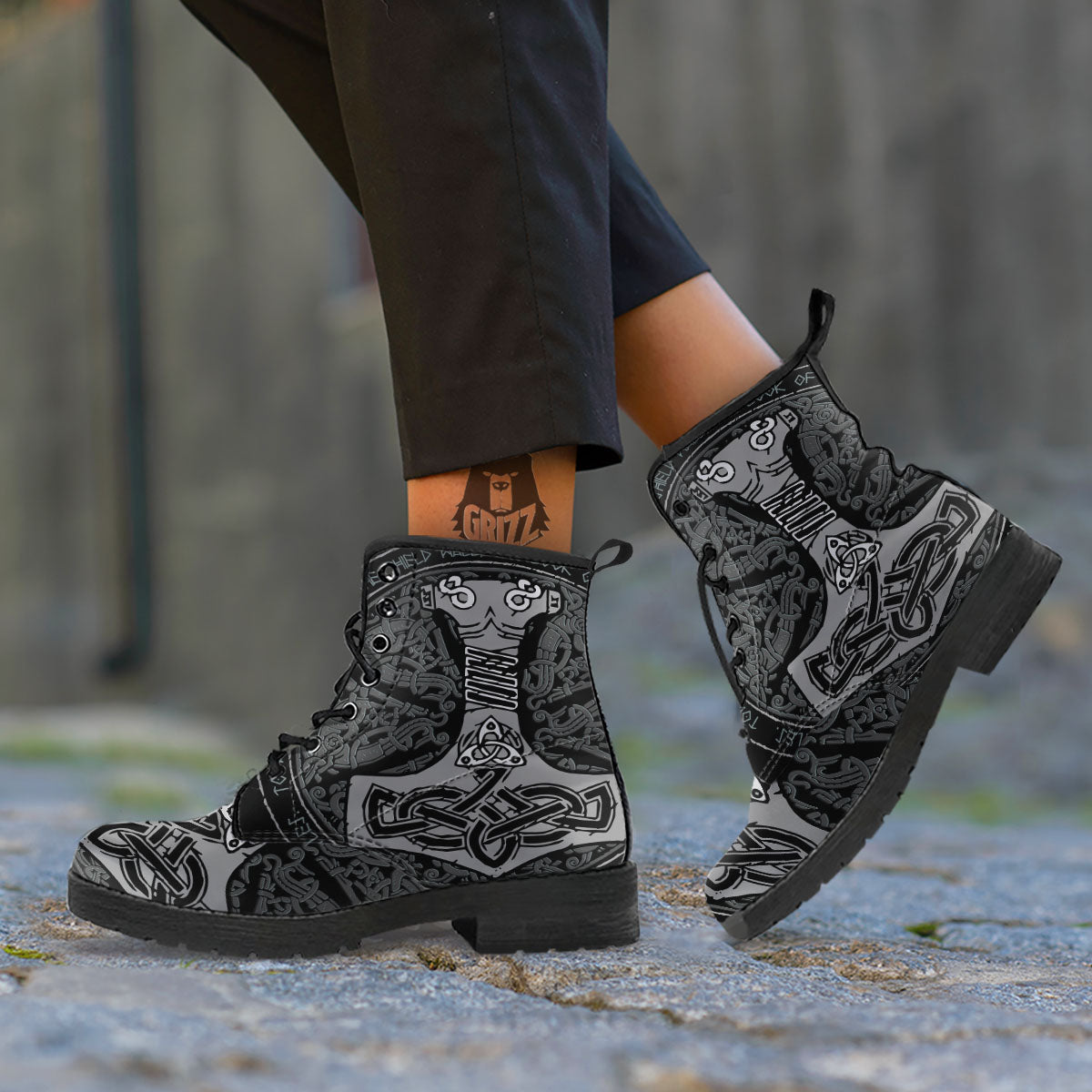Runes Scandinavian And Mjolnir Print Leather Boots-grizzshop