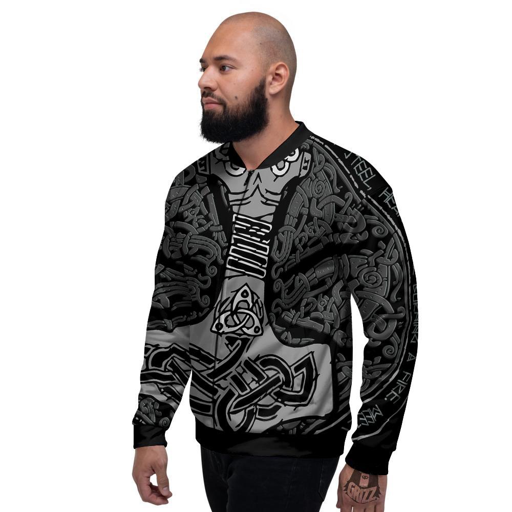 Runes Scandinavian And Mjolnir Print Men's Bomber Jacket-grizzshop