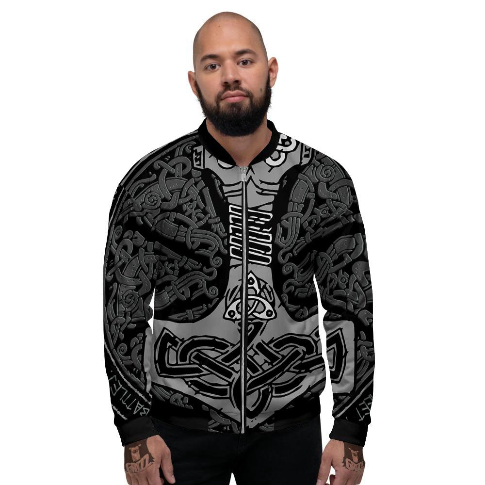 Runes Scandinavian And Mjolnir Print Men's Bomber Jacket-grizzshop