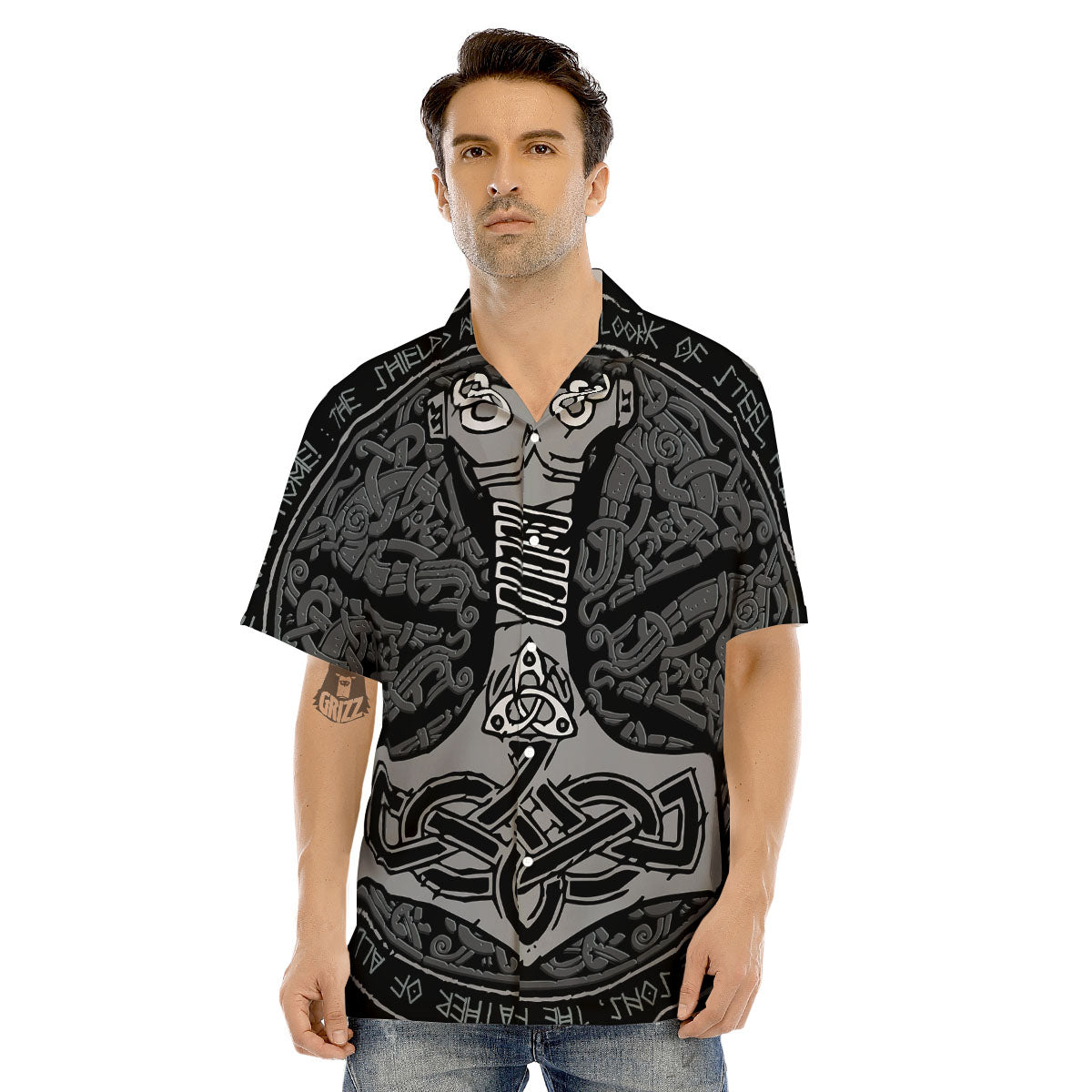 Runes Scandinavian And Mjolnir Print Men's Hawaiian Shirt-grizzshop