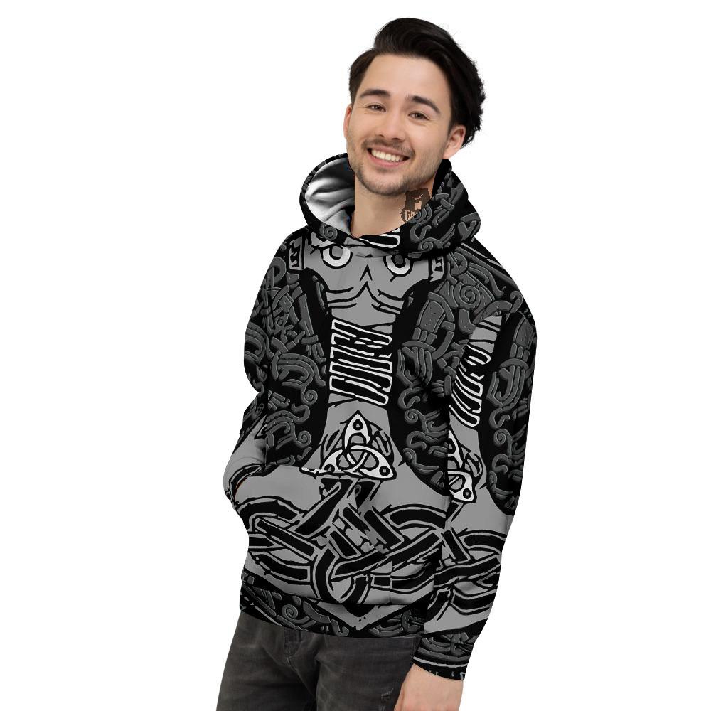 Runes Scandinavian And Mjolnir Print Men's Hoodie-grizzshop