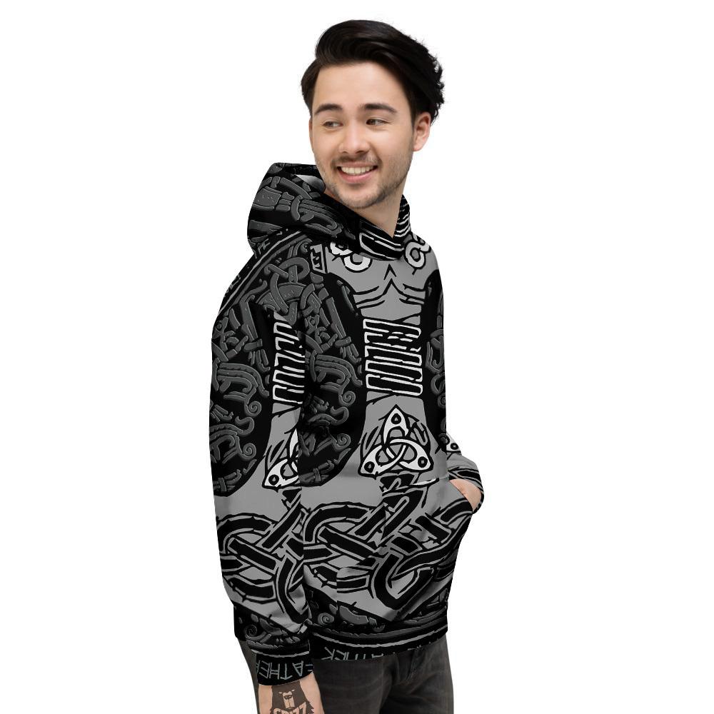 Runes Scandinavian And Mjolnir Print Men's Hoodie-grizzshop