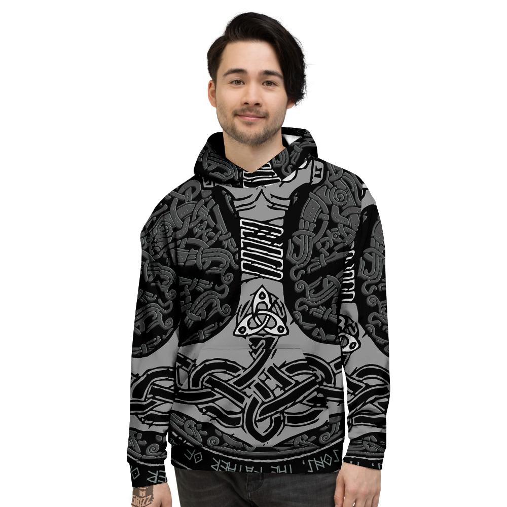 Runes Scandinavian And Mjolnir Print Men's Hoodie-grizzshop