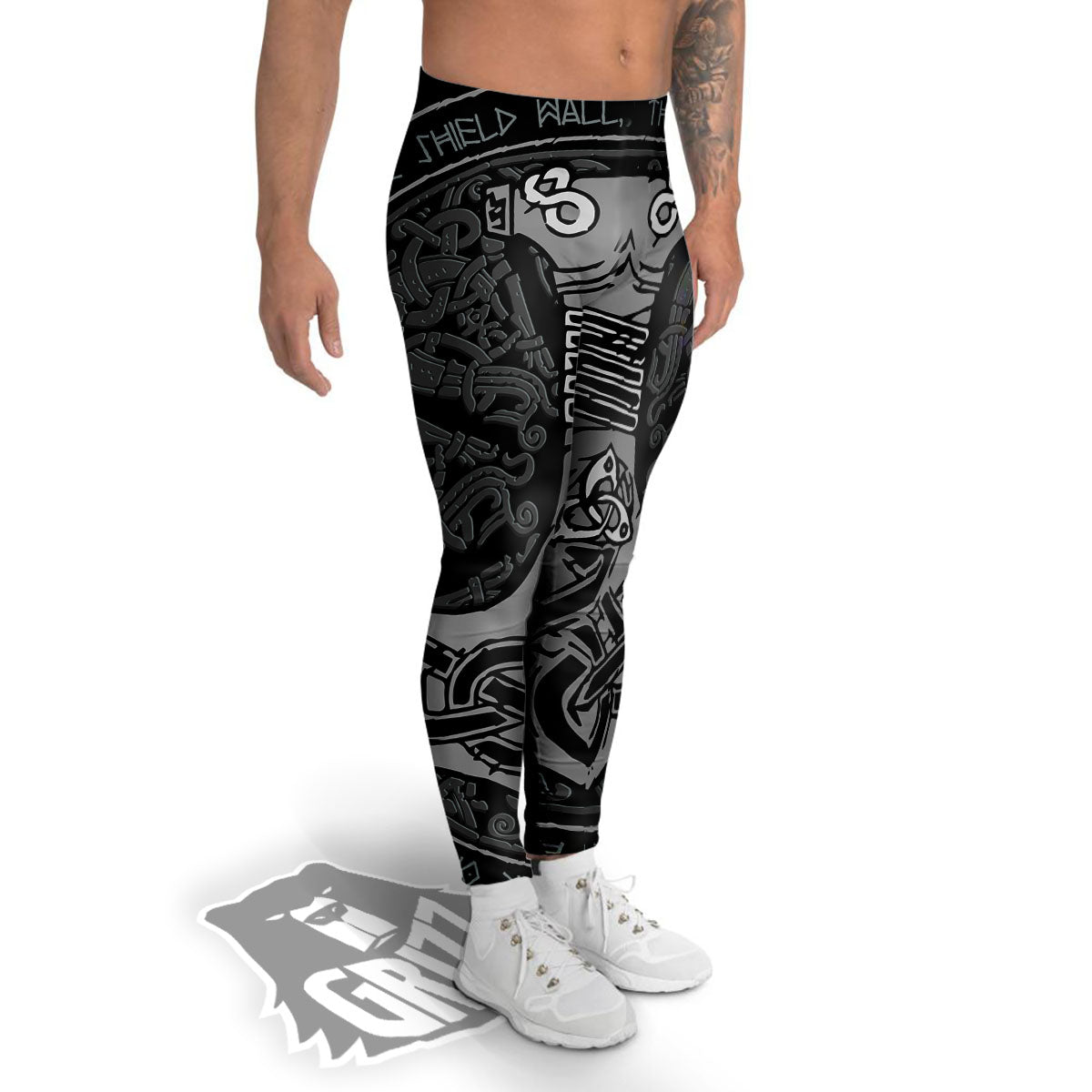 Runes Scandinavian And Mjolnir Print Men's Leggings-grizzshop