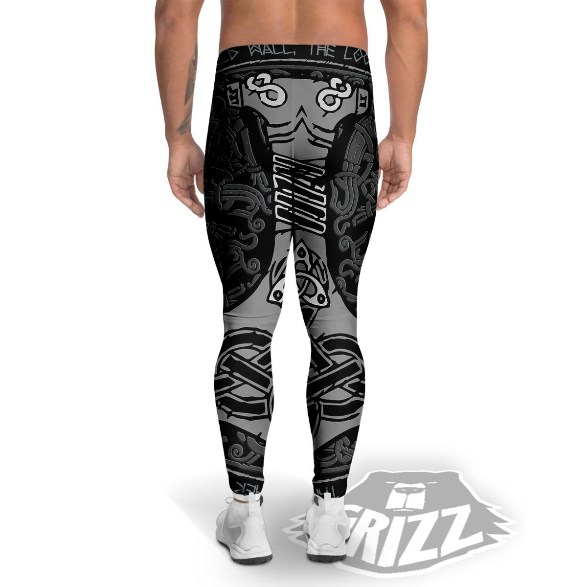 Runes Scandinavian And Mjolnir Print Men's Leggings-grizzshop