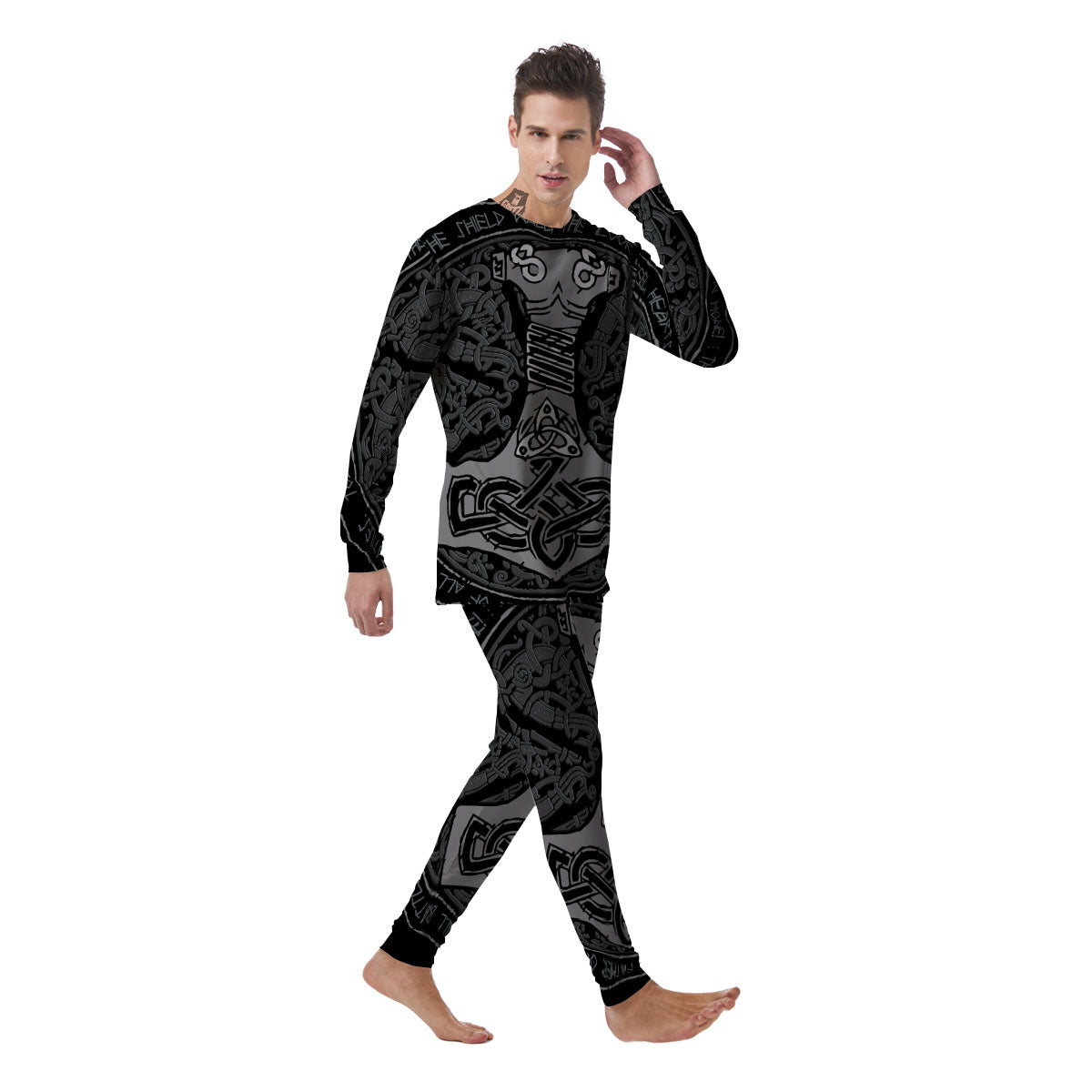 Runes Scandinavian And Mjolnir Print Men's Pajamas-grizzshop