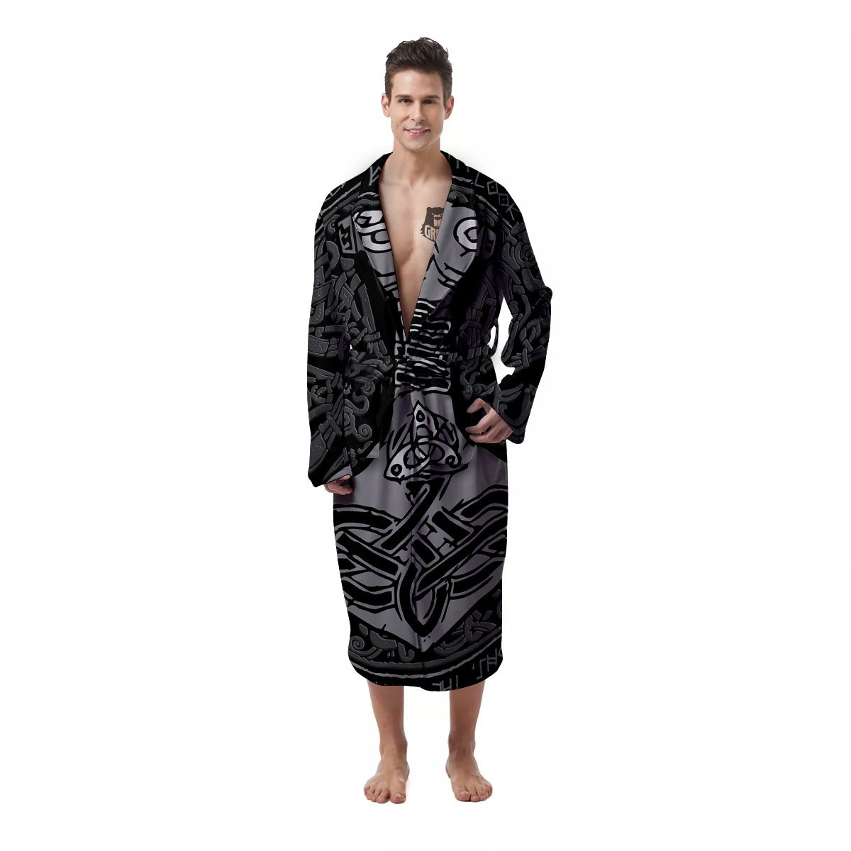 Runes Scandinavian And Mjolnir Print Men's Robe-grizzshop