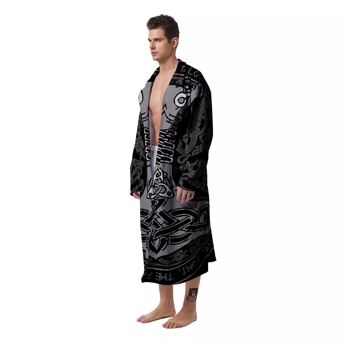 Runes Scandinavian And Mjolnir Print Men's Robe-grizzshop