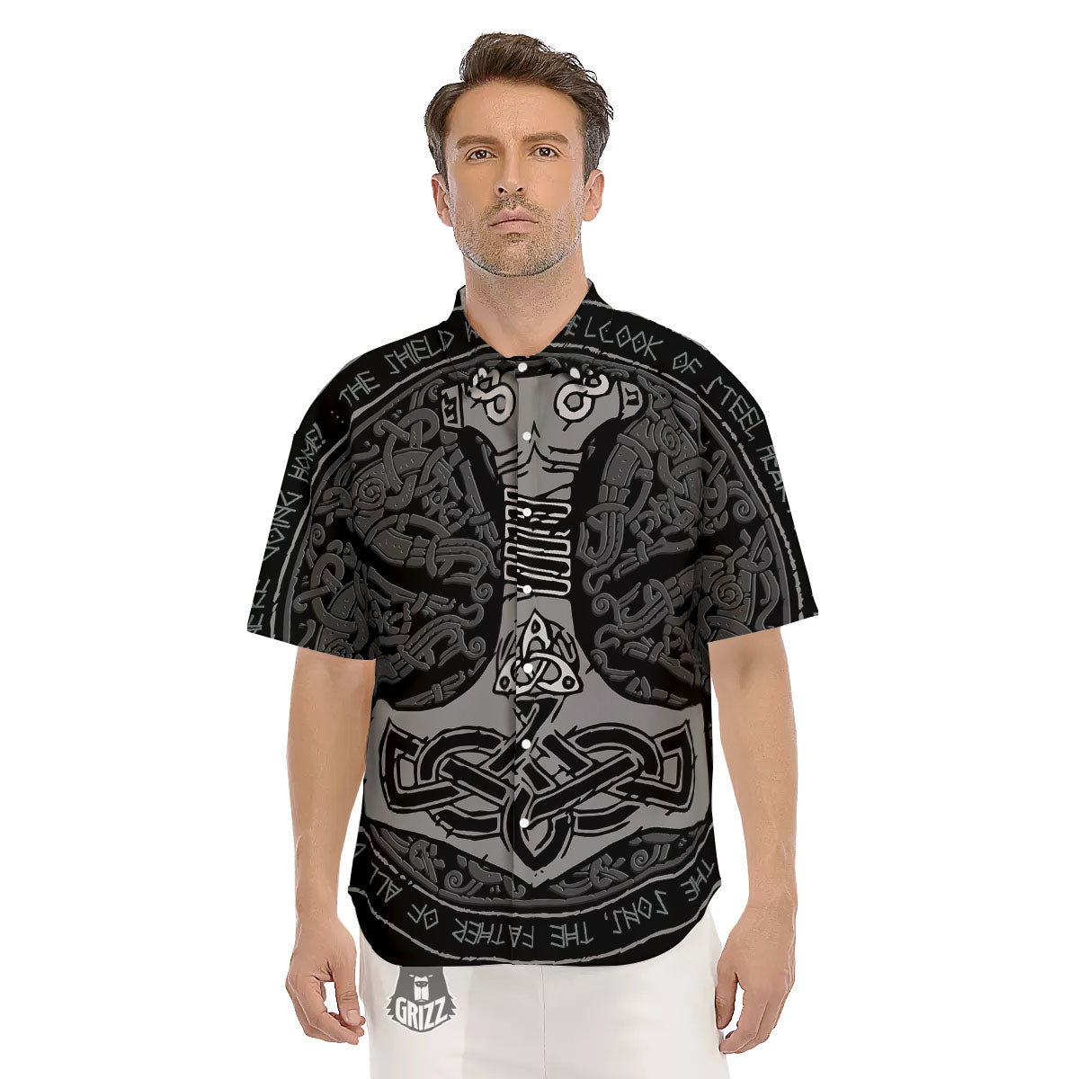 Runes Scandinavian And Mjolnir Print Men's Short Sleeve Shirts-grizzshop