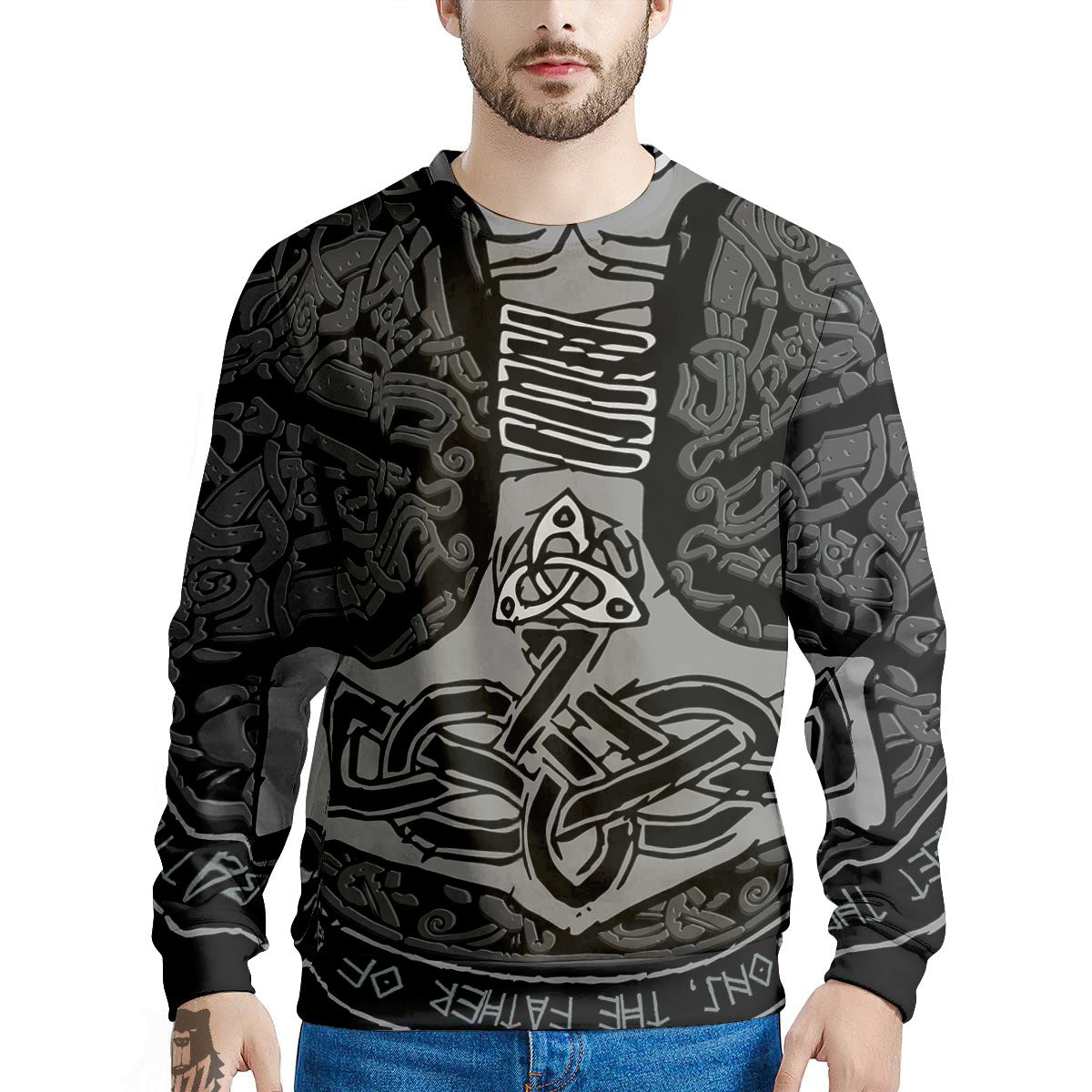 Runes Scandinavian And Mjolnir Print Men's Sweatshirt-grizzshop