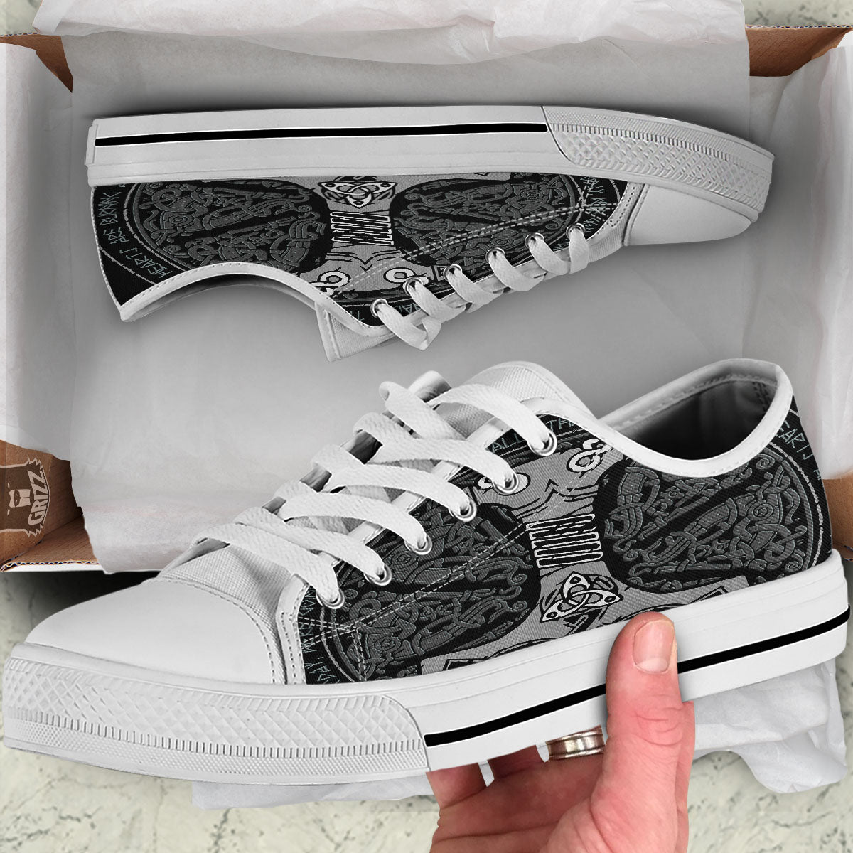 Runes Scandinavian And Mjolnir Print White Low Top Shoes-grizzshop