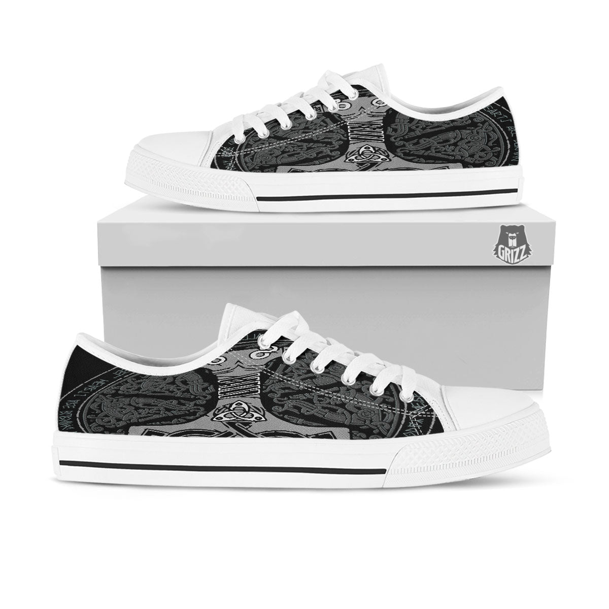 Runes Scandinavian And Mjolnir Print White Low Top Shoes-grizzshop