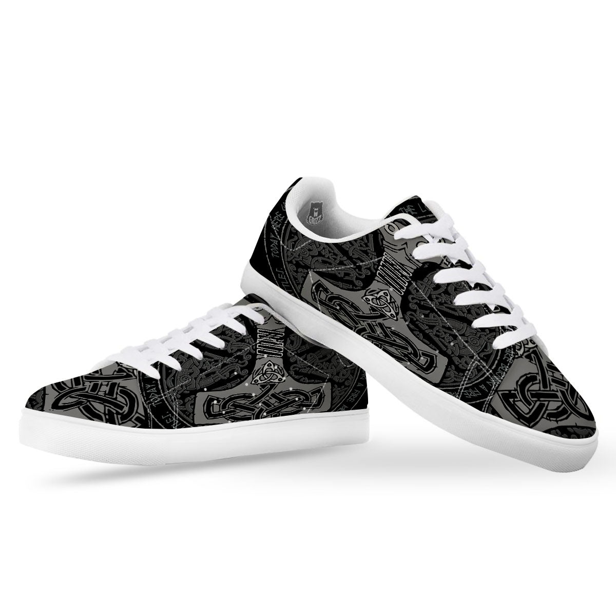 Runes Scandinavian And Mjolnir Print White Low Top Sneakers-grizzshop