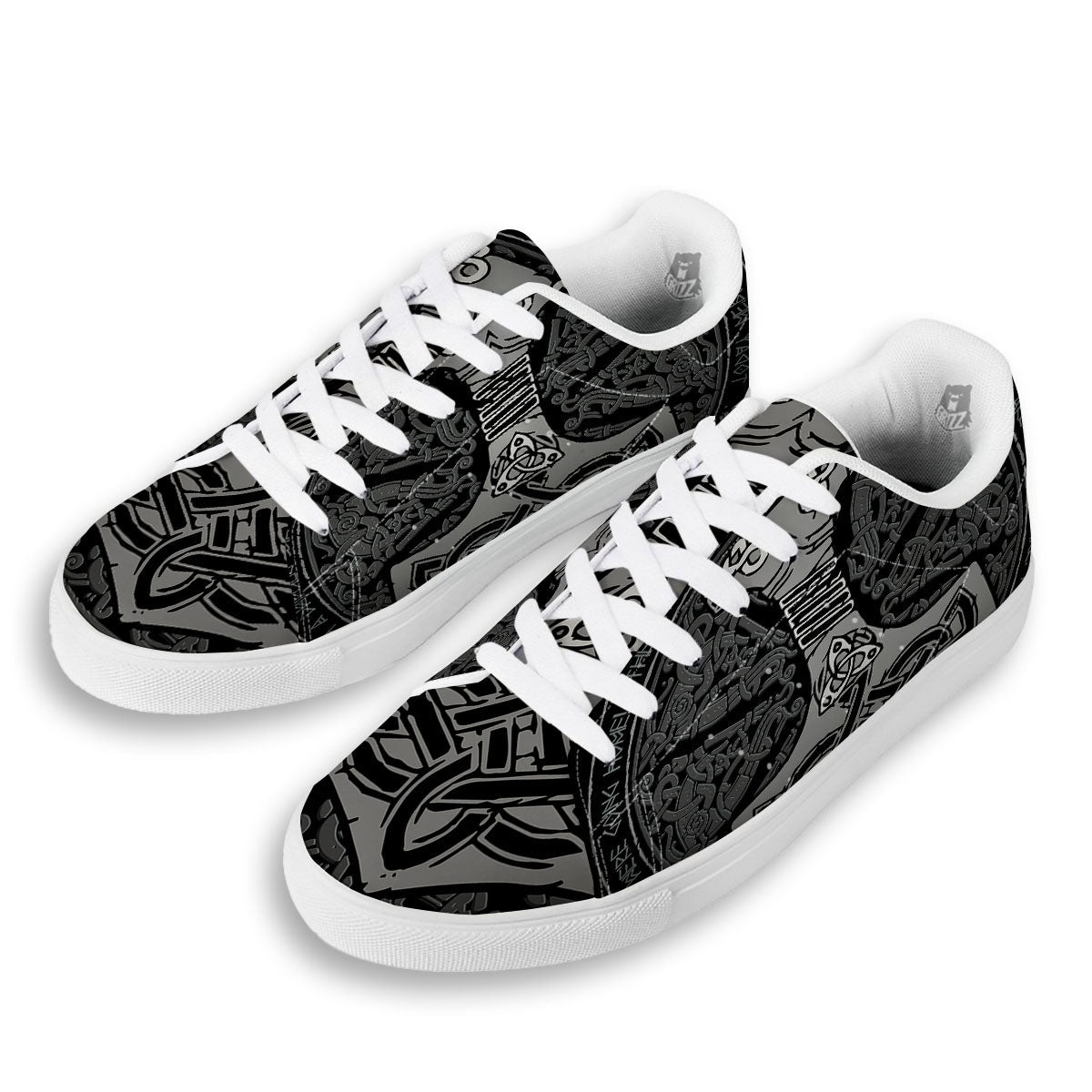 Runes Scandinavian And Mjolnir Print White Low Top Sneakers-grizzshop