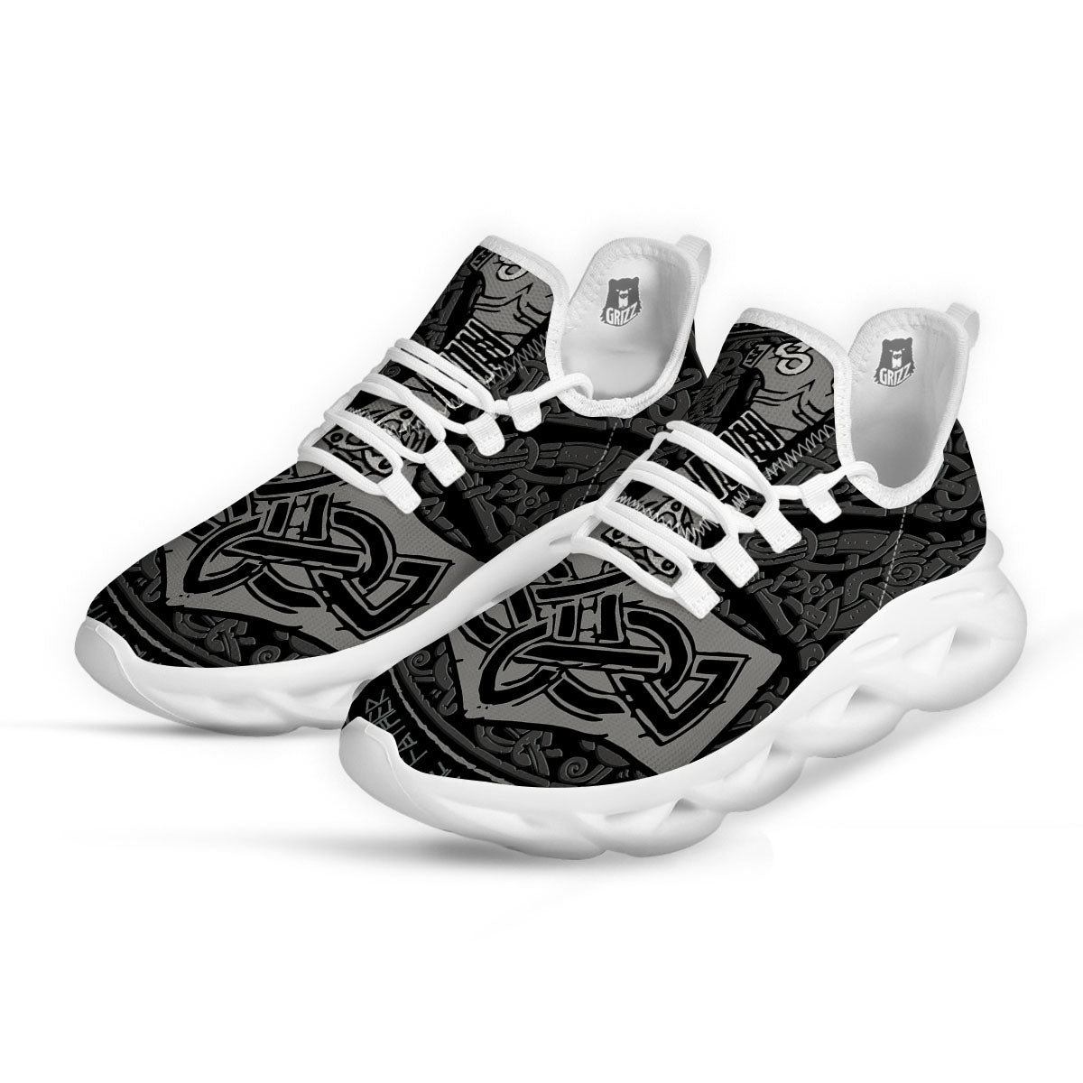 Runes Scandinavian And Mjolnir Print White Running Shoes-grizzshop