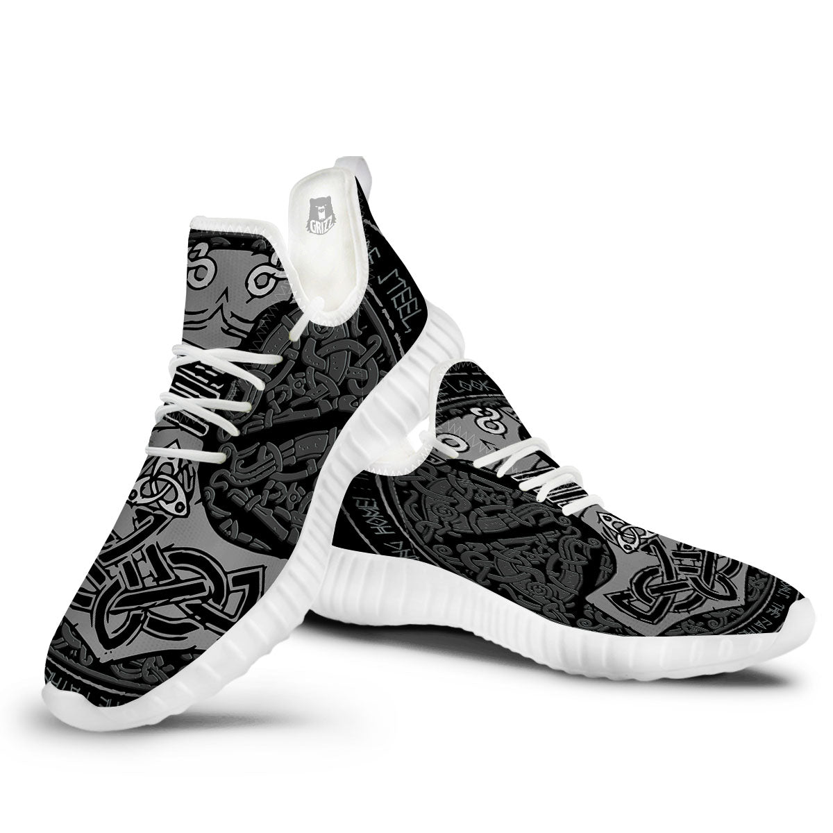 Runes Scandinavian And Mjolnir Print White Walking Shoes-grizzshop