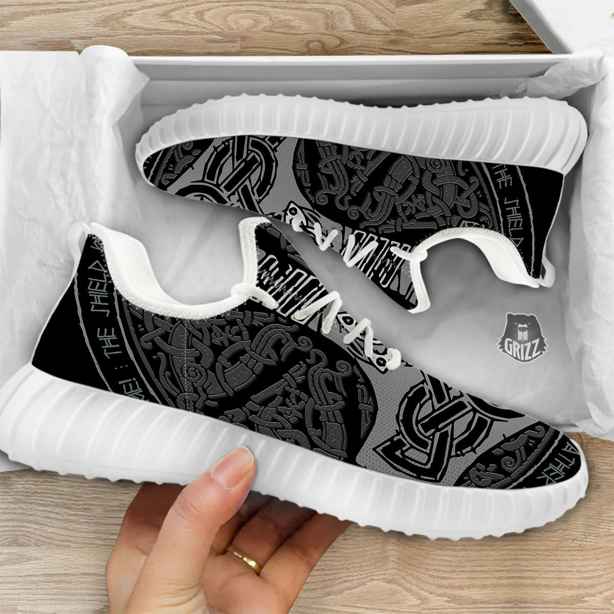 Runes Scandinavian And Mjolnir Print White Walking Shoes-grizzshop