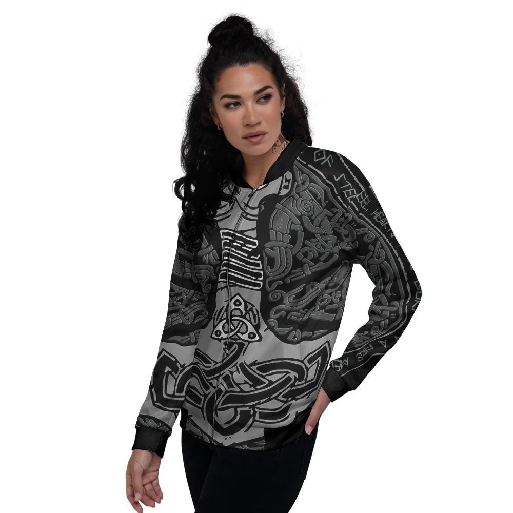 Runes Scandinavian And Mjolnir Print Women's Bomber Jacket-grizzshop