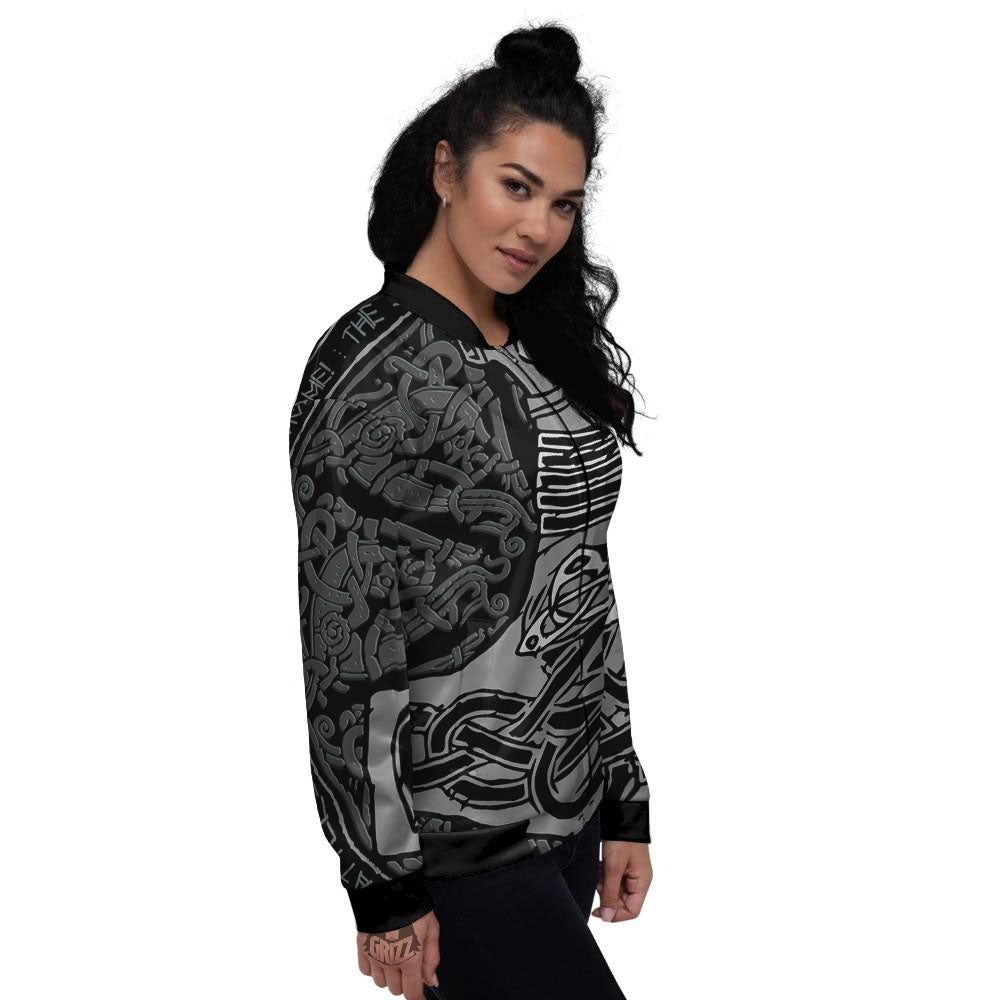 Runes Scandinavian And Mjolnir Print Women's Bomber Jacket-grizzshop