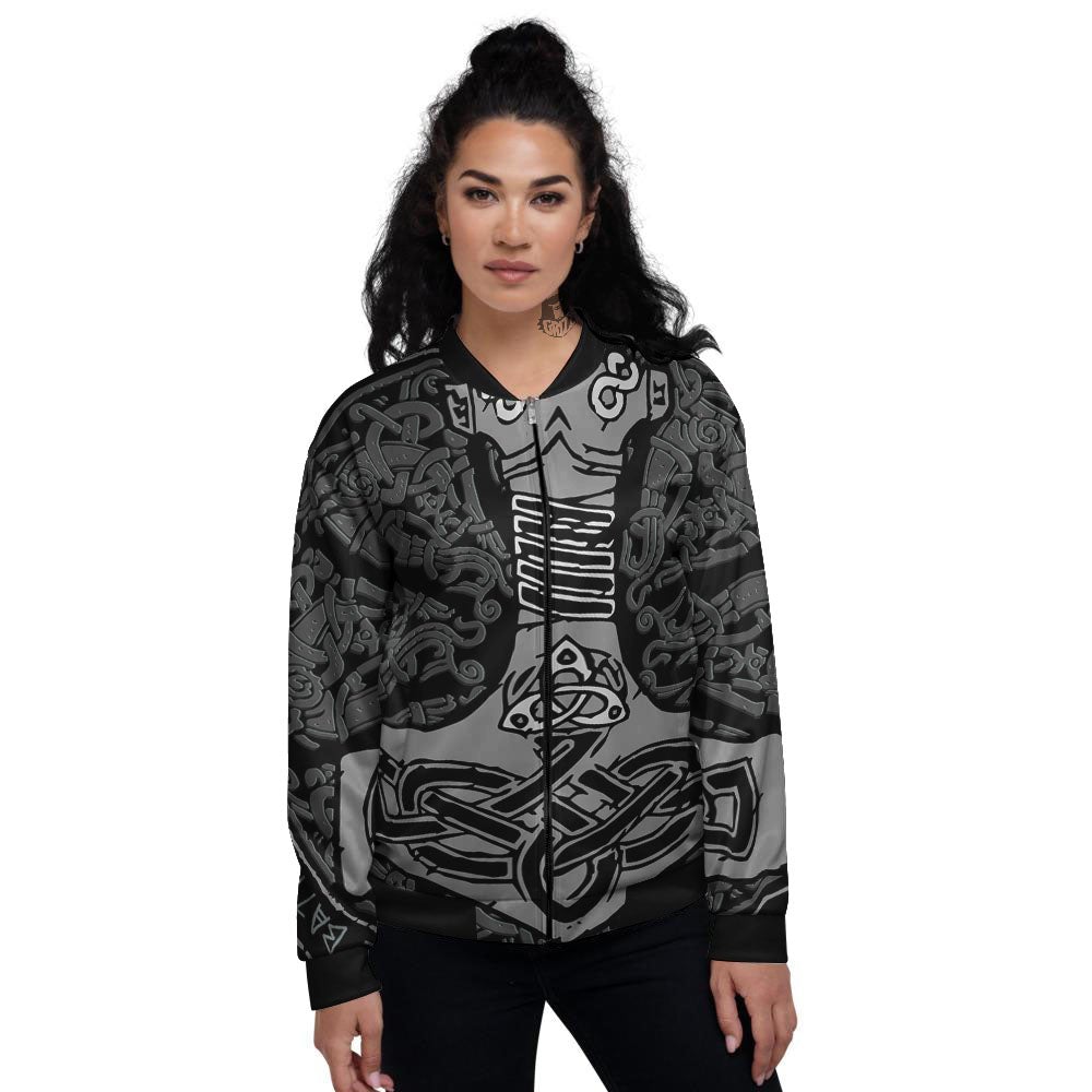 Runes Scandinavian And Mjolnir Print Women's Bomber Jacket-grizzshop