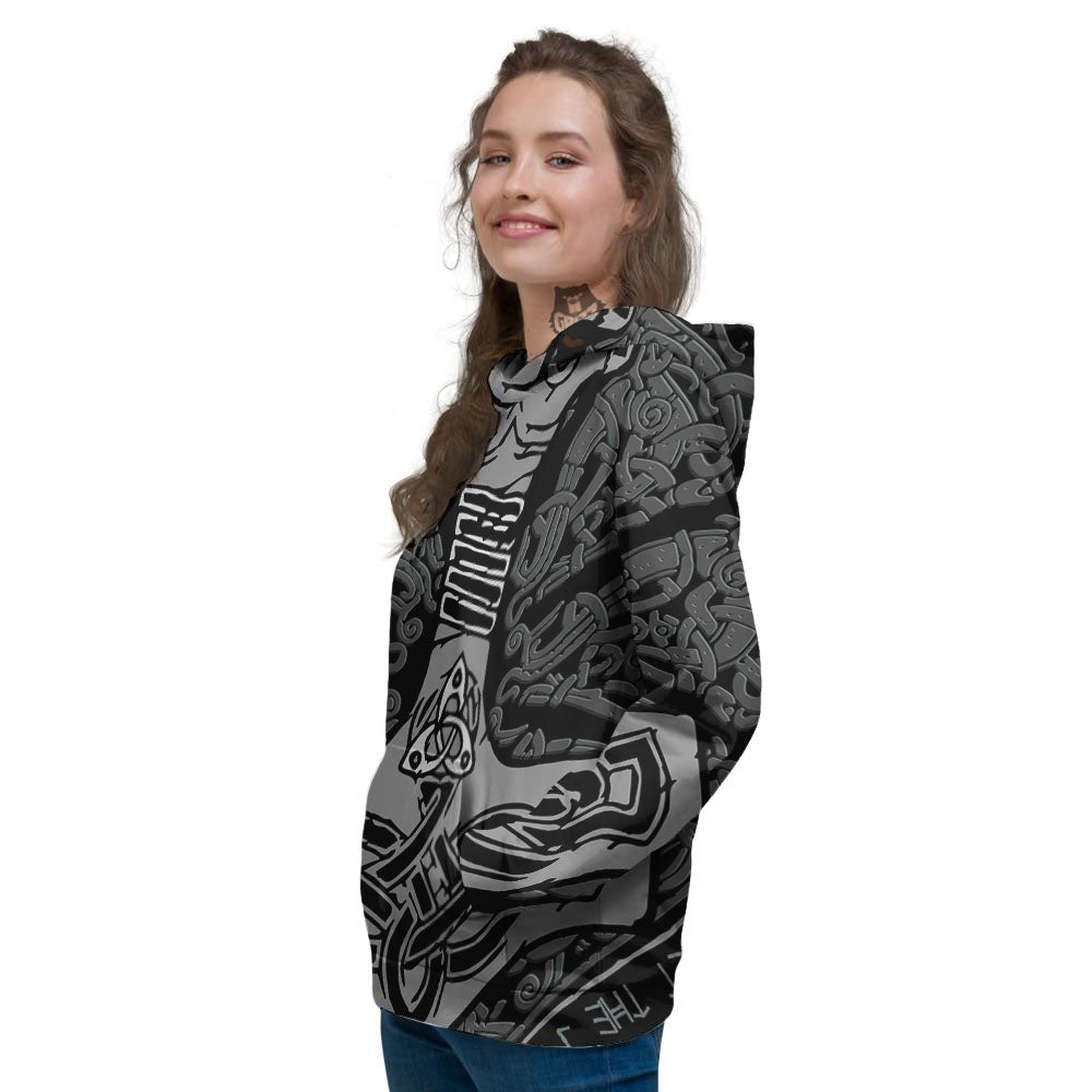 Runes Scandinavian And Mjolnir Print Women's Hoodie-grizzshop