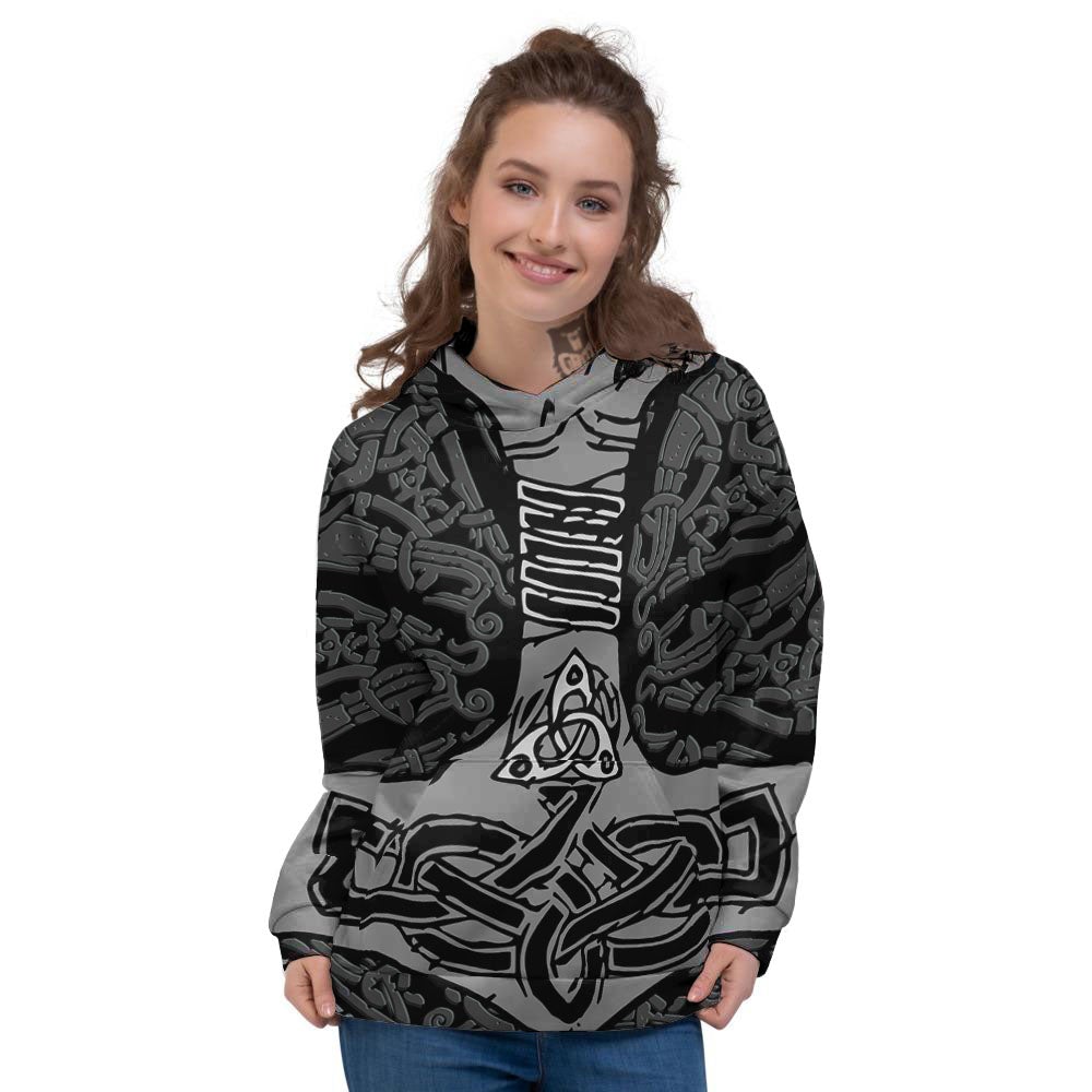 Runes Scandinavian And Mjolnir Print Women's Hoodie-grizzshop