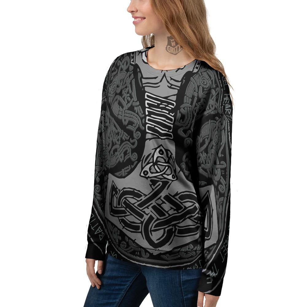 Runes Scandinavian And Mjolnir Print Women's Sweatshirt-grizzshop
