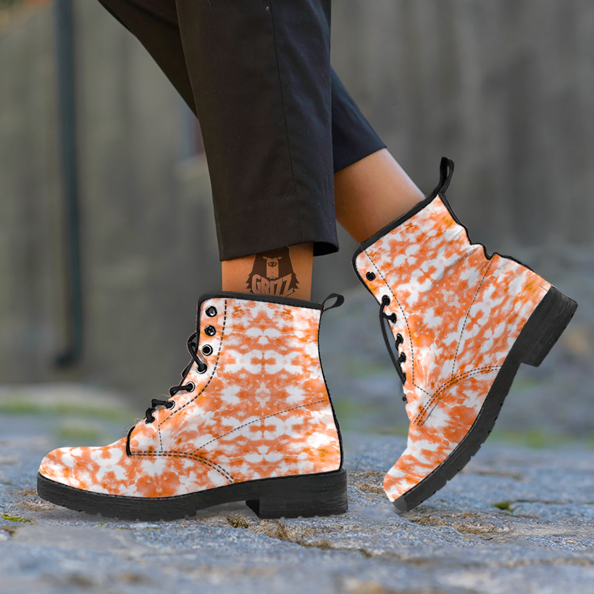 Rusty Tie Dye Orange Watercolor Print Leather Boots-grizzshop
