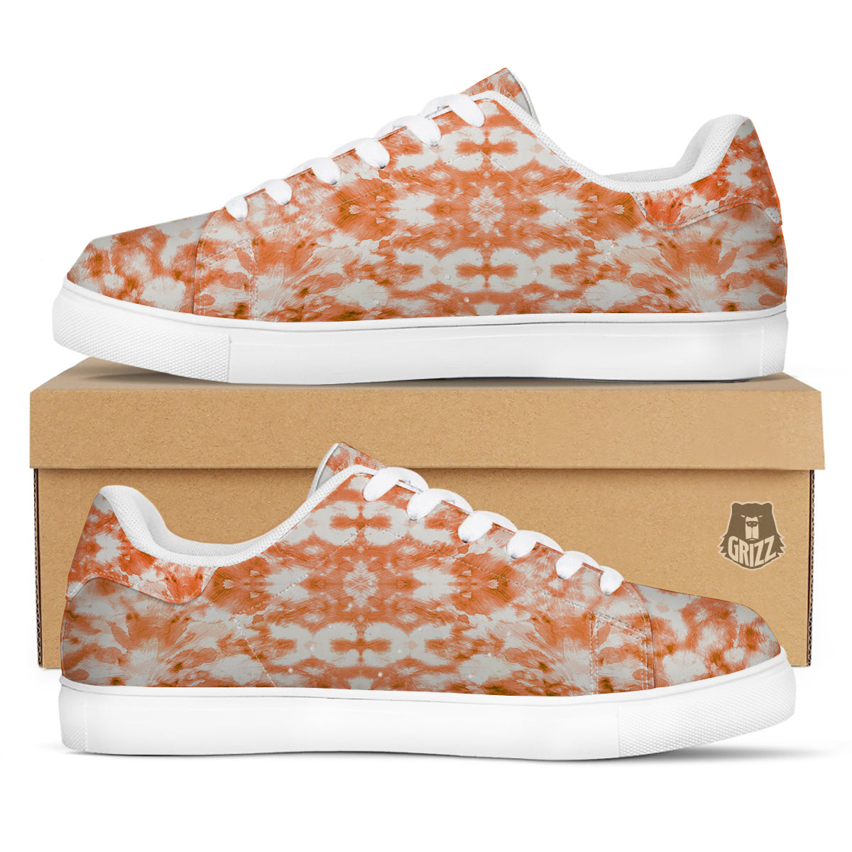 Rusty Tie Dye Orange Watercolor Print White Low Top Sneakers-grizzshop