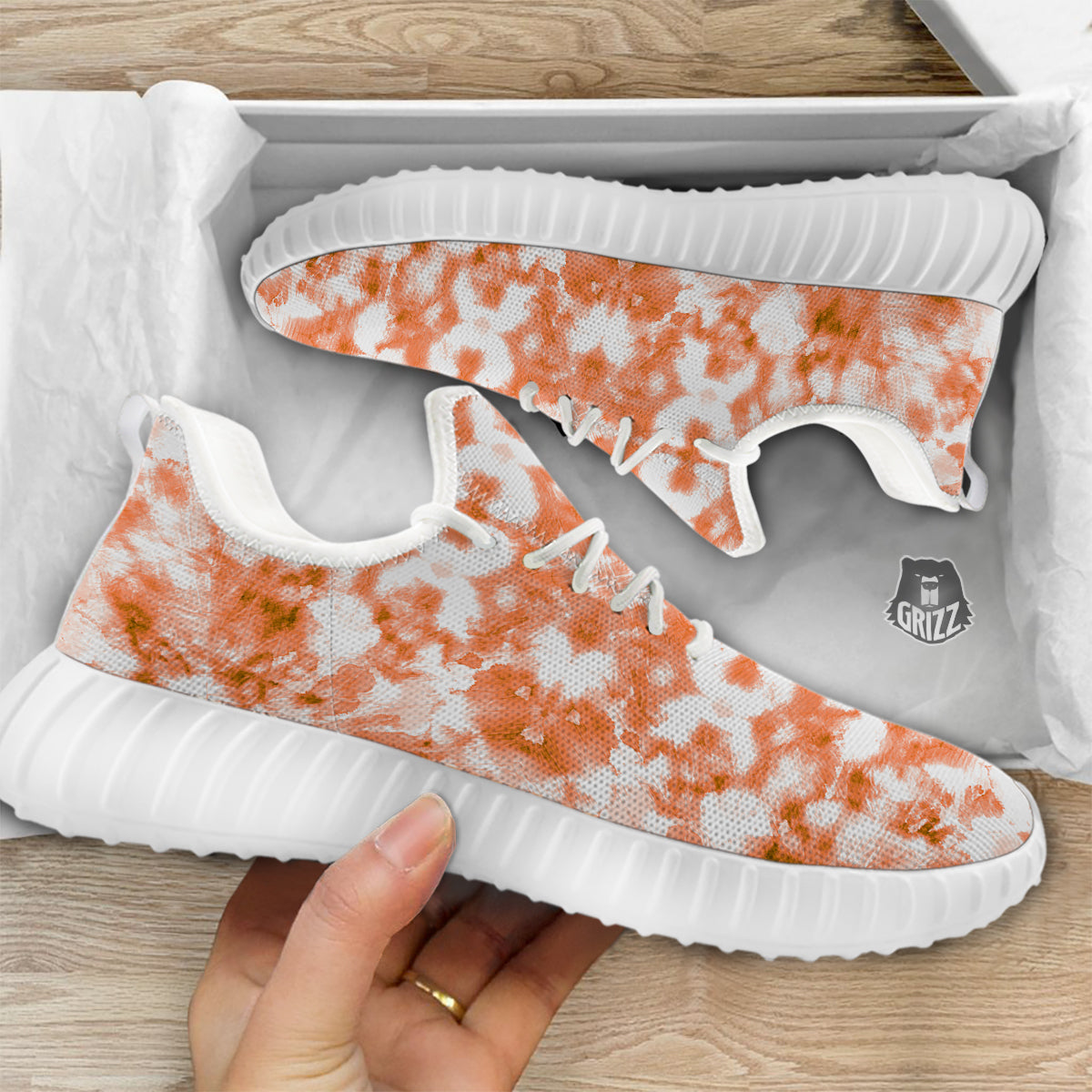 Rusty Tie Dye Orange Watercolor Print White Walking Shoes-grizzshop