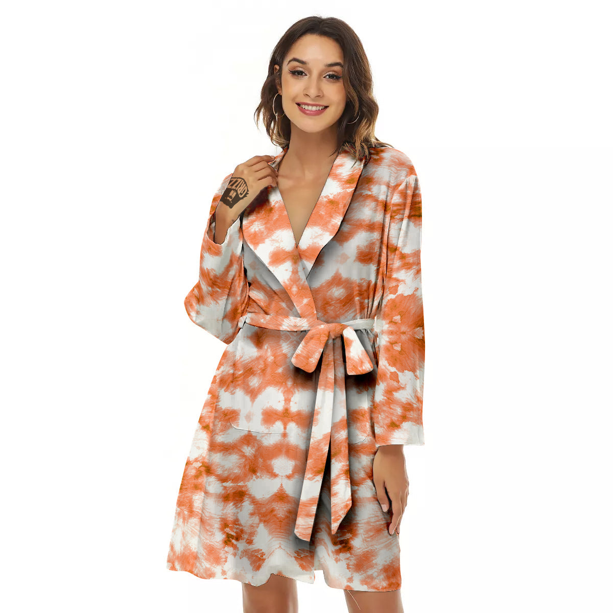 Rusty Tie Dye Orange Watercolor Print Women's Robe-grizzshop