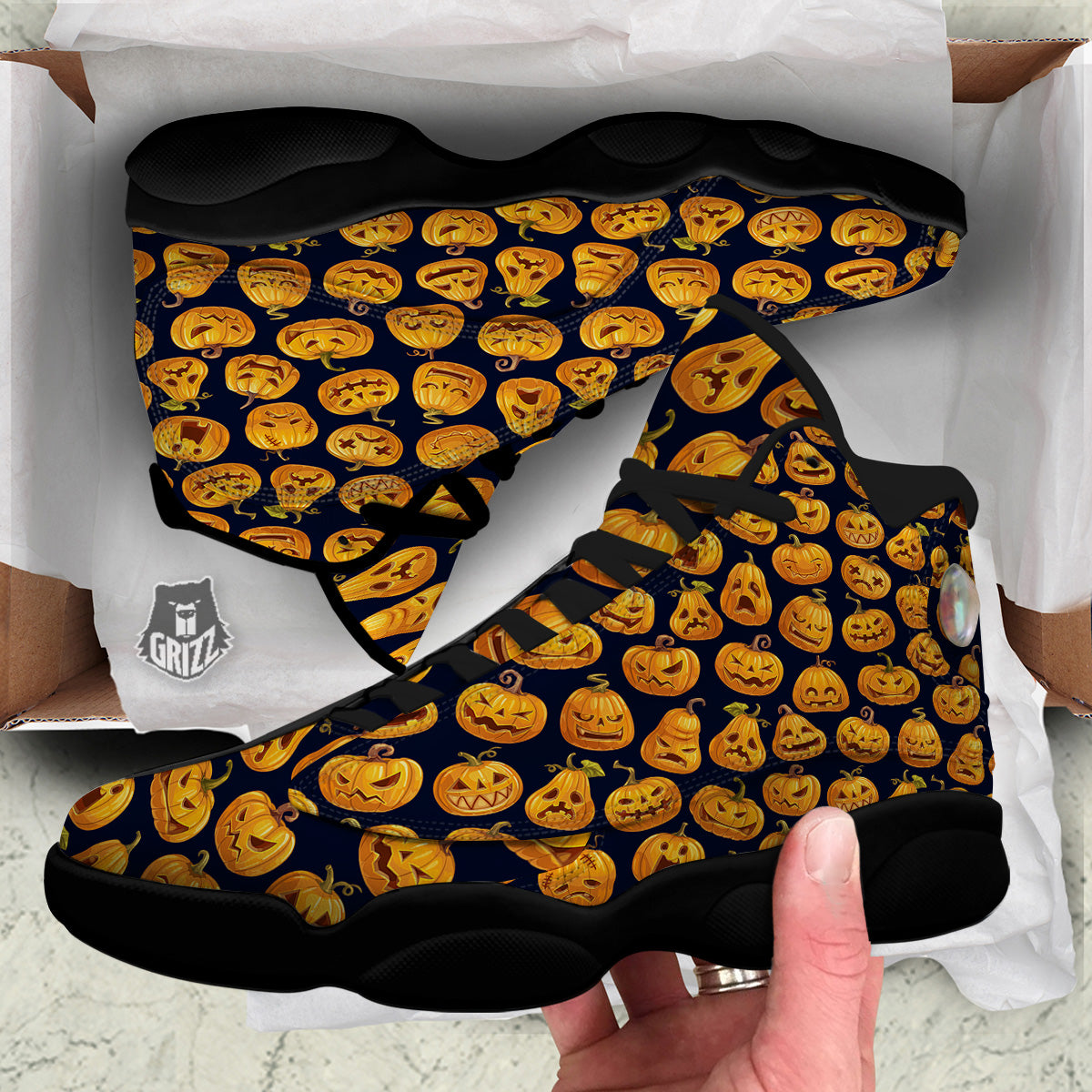 Sacry Halloween Pumpkins Print Pattern Black Basketball Shoes-grizzshop