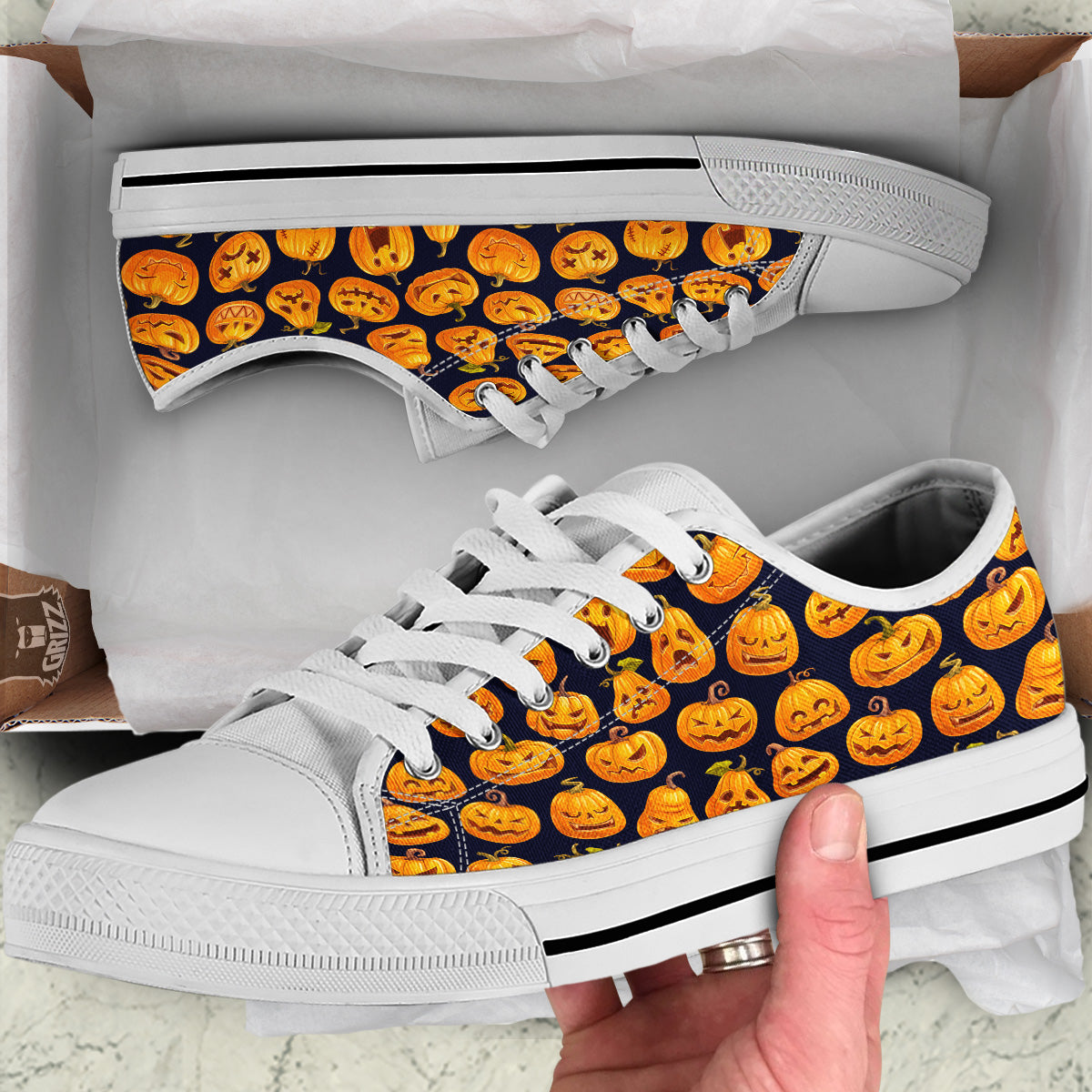 Sacry Halloween Pumpkins Print Pattern White Low Top Shoes-grizzshop