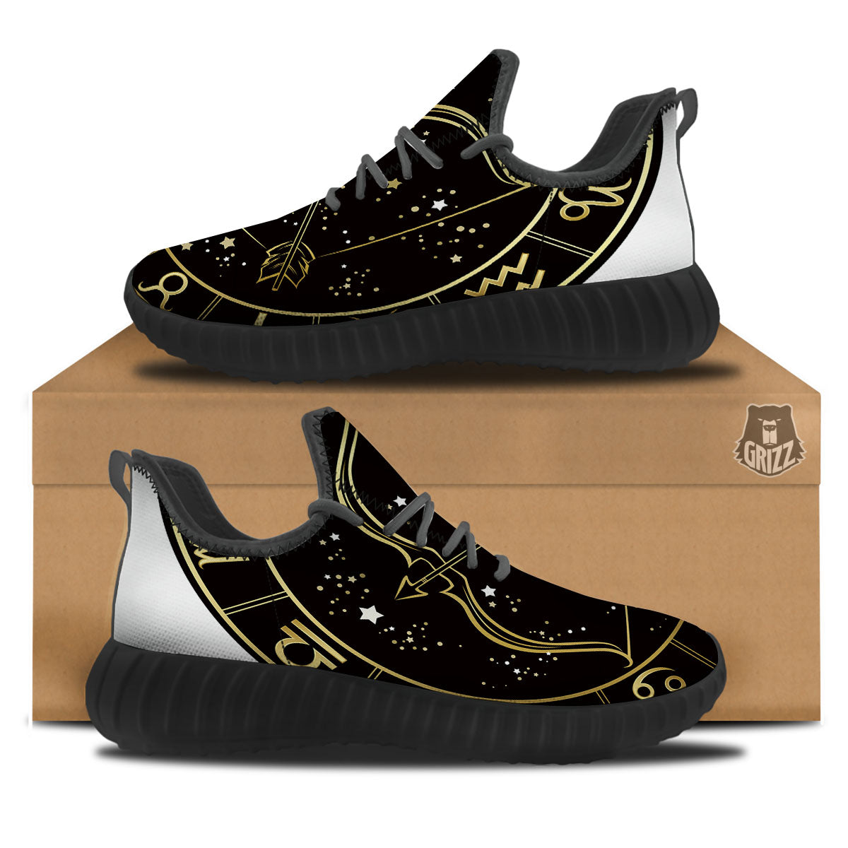 Sagittarius Sign Black And Gold Print Black Walking Shoes-grizzshop