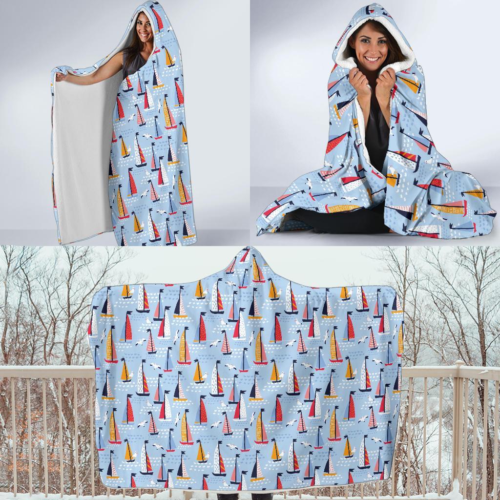 Sailboat Ocean Pattern Print Hooded Blanket-grizzshop