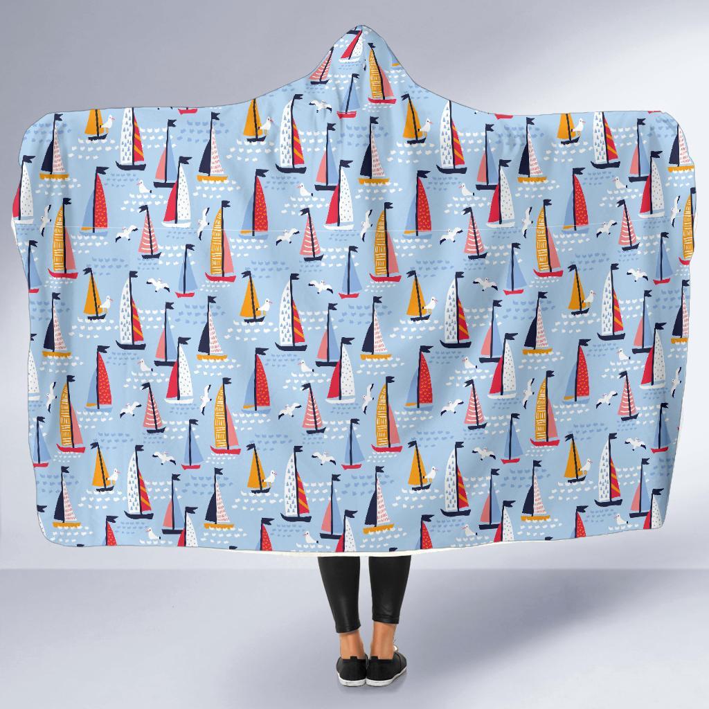 Sailboat Ocean Pattern Print Hooded Blanket-grizzshop