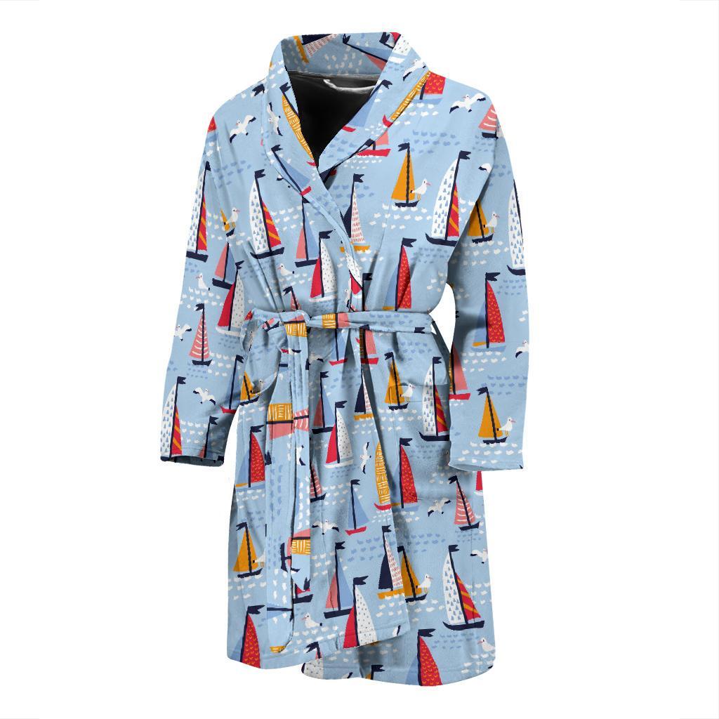 Sailboat Ocean Pattern Print Men Long Robe-grizzshop