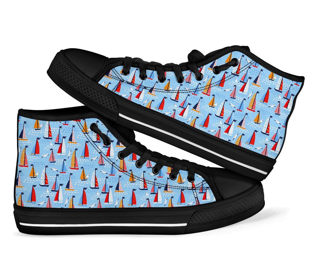 Sailboat Ocean Pattern Print Men Women's High Top Shoes-grizzshop