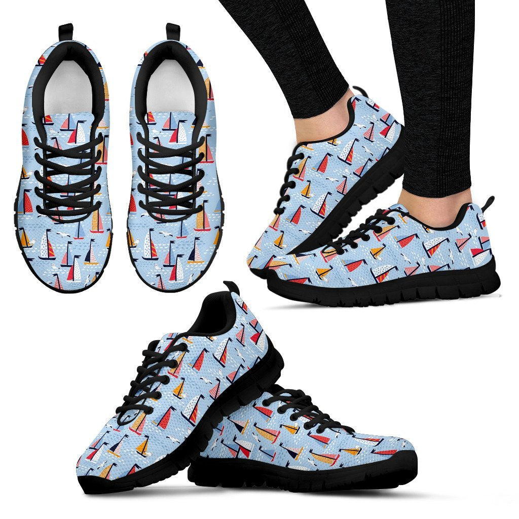 Sailboat Ocean Pattern Print Black Sneaker Shoes For Men Women-grizzshop