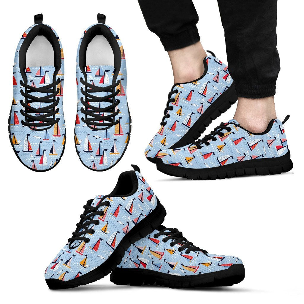 Sailboat Ocean Pattern Print Black Sneaker Shoes For Men Women-grizzshop