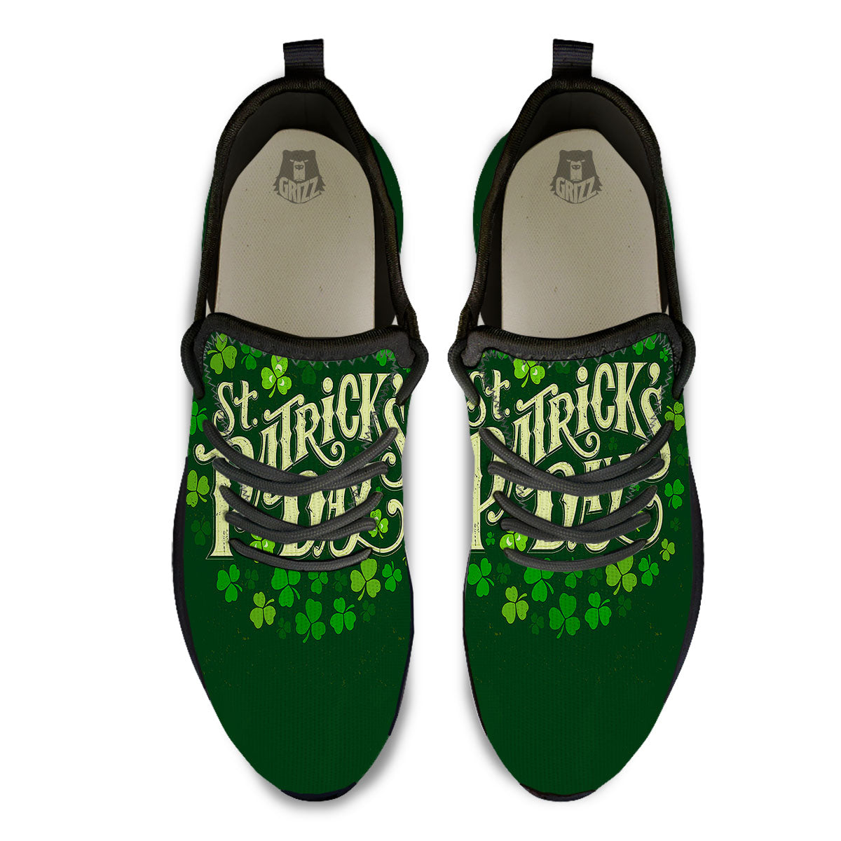 Saint Patrick's Day Green Clover Print Black Athletic Shoes-grizzshop